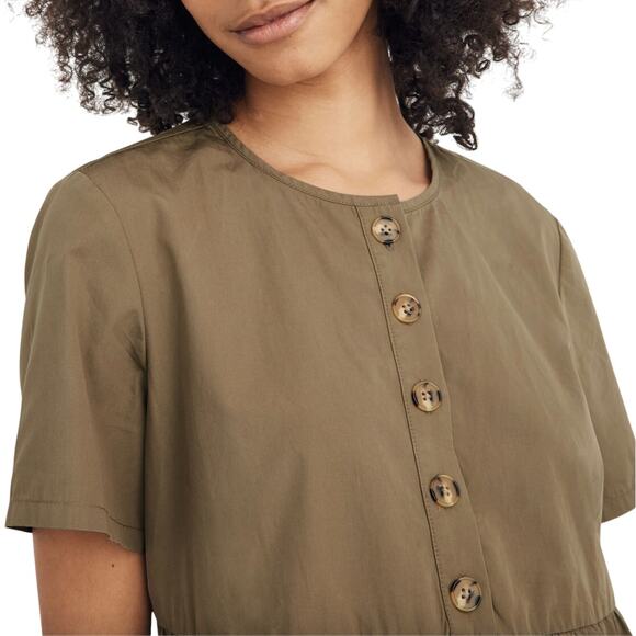 Madewell Button-Front Short-Sleeve Tiered Mini Dress Cotton Poplin Green NWT M - Picture 3 of 9